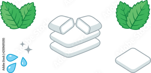 Schilderij op canvas Refreshing Mint Chewing Gum Vector Set with White Dragees, Fresh Green Mint Leav