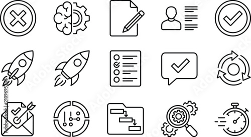 Project management business startup and workflow optimization line icons set for strategic planning and task execution design