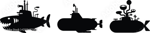 Foto Submarine underwater vessel silhouette set, isolated sea marine exploration vect