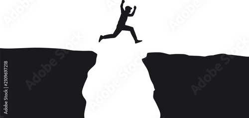 Man Jumping Over Cliff Gap Abyss Silhouette Vector Illustration Concept for Success and Overcoming Obstacles