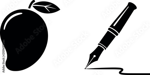 Mango Fruit with Leaf and Fountain Pen Vector Icon Set Isolated on White Background