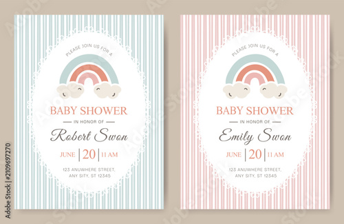 Baby shower invitation card template with cute rainbow and cloud illustration. Nursery theme stationery for boy and girl birth celebration. Pastel striped design for party announcement.