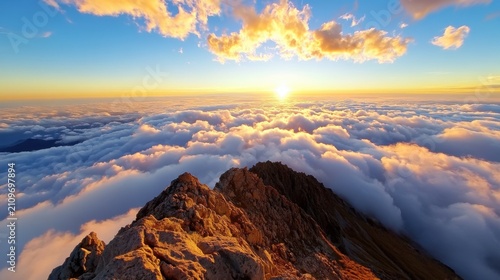 Sunrise over a mountain peak emerging from a sea of clouds, with golden sunlight illuminating the sky