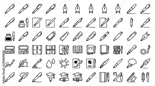 Minimalist Fountain Pen Outline Vector Icon Set for Education Writing Office and Stationery