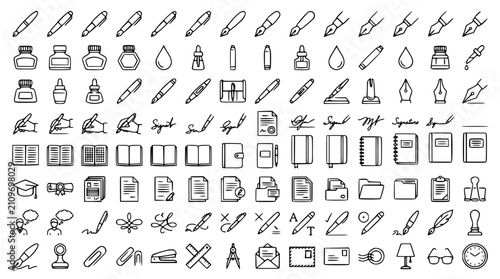 Minimal Outline Fountain Pen Vector Icon Bundle for Writing Office School and Creative Stationery