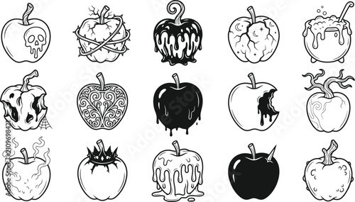 A detailed halloween vector bundle featuring a collection of hand drawn spooky poisoned apples and decorative candy fruit for seasonal designs