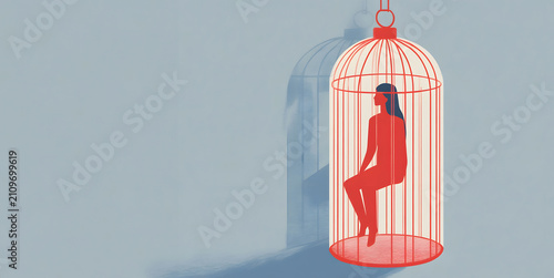 psychology banner of woman locked in cage,concept of mental prison and emotional isolation,trapped in invisible mental prison with no escape,emotional isolation as silent suffering,copy space