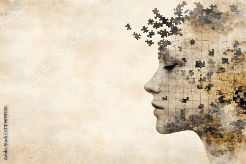 Profile of a woman with a fragmented puzzle-like face, symbolizing mental health struggles, inner emptiness, and emotional fatigue, set against a textured soft background with copy space