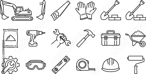Construction machinery and heavy building equipment line icons set for industrial site renovation and carpentry project design