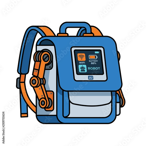 Futuristic robotic smart backpack with digital display