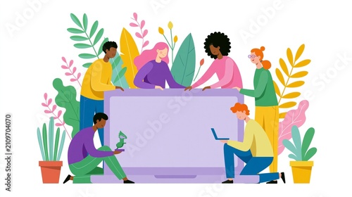 Diverse Creative Team Collaborating Around a Large Laptop Screen with Colorful Foliage, Flat Vector Illustration