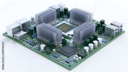 Computer Motherboard with Aluminum Heatsinks and Electronic Components on White Background