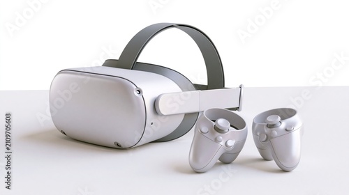 Modern white virtual reality VR headset with two wireless controllers isolated on white background, immersive gaming and futuristic technology concept.