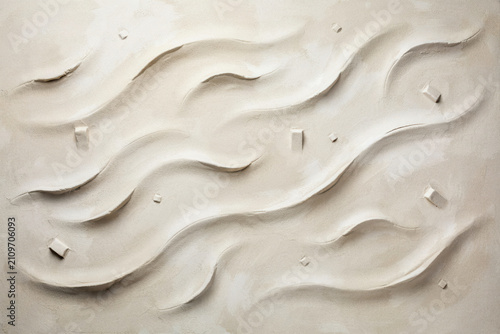 Sculptural wall panel with flowing wave patterns and small rectangular blocks on a matte beige surface with soft shadows and depth effects