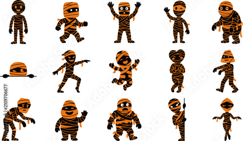 Konstfotografi Collection of cartoon mummies in various poses orange and black vector illustrat