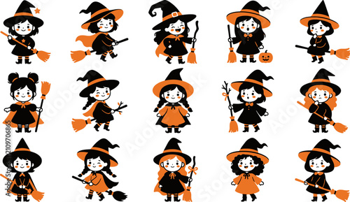 Fotografie Collection of adorable halloween witches flying on broomsticks vector illustrati