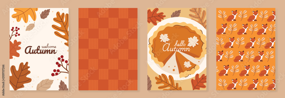 Fototapeta premium Autumn poster templates and patterns vector set. Seasonal fall illustrations with leaves, pumpkin, flowers and botanical elements for greeting card, cover, print, wall art and background.
