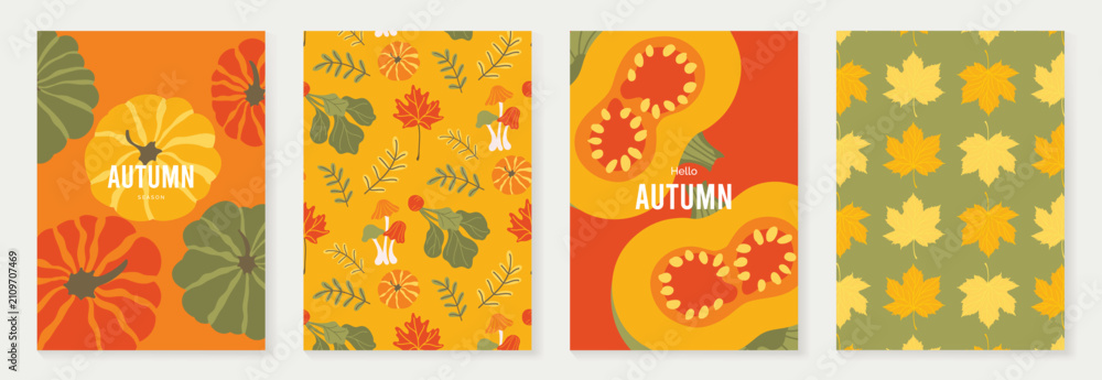Obraz premium Autumn poster templates and patterns vector set. Seasonal fall illustrations with leaves, pumpkin, flowers and botanical elements for greeting card, cover, print, wall art and background.