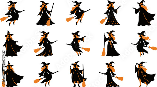 Canvastavla Collection of black witch silhouettes flying on broomsticks with orange accents