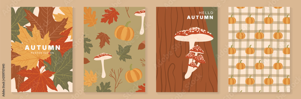 Obraz premium Autumn poster templates and patterns vector set. Seasonal fall illustrations with leaves, pumpkin, flowers and botanical elements for greeting card, cover, print, wall art and background.