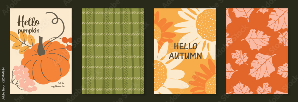 Obraz premium Autumn poster templates and patterns vector set. Seasonal fall illustrations with leaves, pumpkin, flowers and botanical elements for greeting card, cover, print, wall art and background.