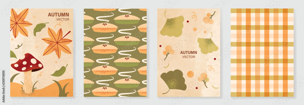 Obraz premium Autumn poster templates and patterns vector set. Seasonal fall illustrations with leaves, pumpkin, flowers and botanical elements for greeting card, cover, print, wall art and background.
