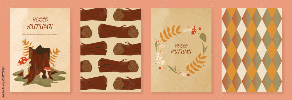 Obraz premium Autumn poster templates and patterns vector set. Seasonal fall illustrations with leaves, pumpkin, flowers and botanical elements for greeting card, cover, print, wall art and background.