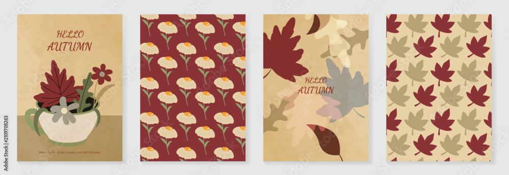 Obraz premium Autumn poster templates and patterns vector set. Seasonal fall illustrations with leaves, pumpkin, flowers and botanical elements for greeting card, cover, print, wall art and background.