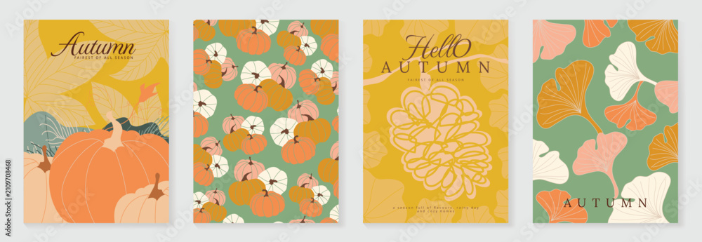 Obraz premium Autumn poster templates and patterns vector set. Seasonal fall illustrations with leaves, pumpkin, flowers and botanical elements for greeting card, cover, print, wall art and background.