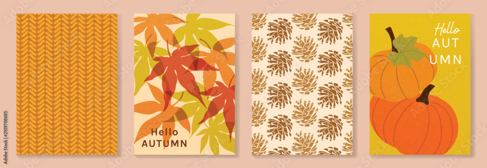 Obraz premium Autumn poster templates and patterns vector set. Seasonal fall illustrations with leaves, pumpkin, flowers and botanical elements for greeting card, cover, print, wall art and background.