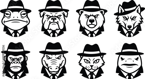 Schilderij op canvas Collection of animal heads wearing fedora hats and suits, black and white of det