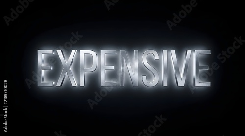 Silver Metallic Word Expensive Glowing on Black Background