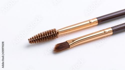 Set of professional eyebrow and eyelash makeup brushes on a clean white background