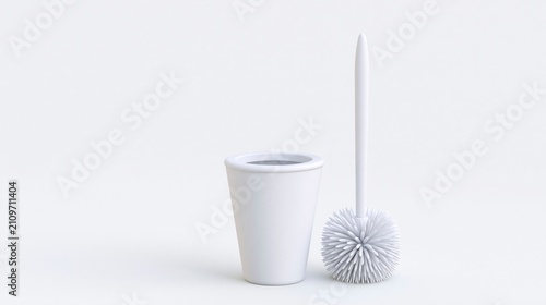 Minimalist modern white toilet brush and holder set isolated on white background