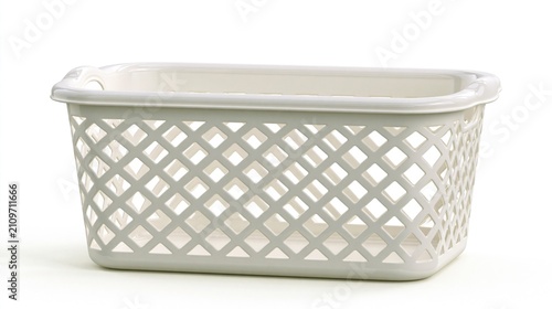 Empty white plastic laundry basket with diamond pattern isolated on white background