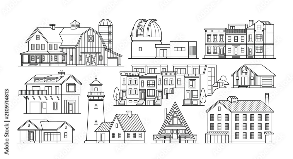 Fototapeta premium Architectural Building Types Outline Icon Set