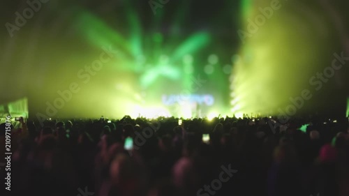 Crowd enjoying live music performance with green stage lighting