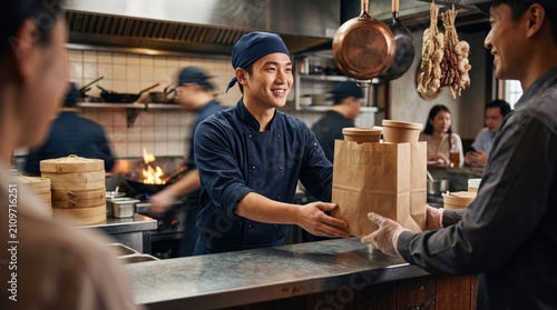 Asian street food chef handing over order in paper craft bags to delivery courier at outdoor Asian restaurant takeaway and food delivery service concept