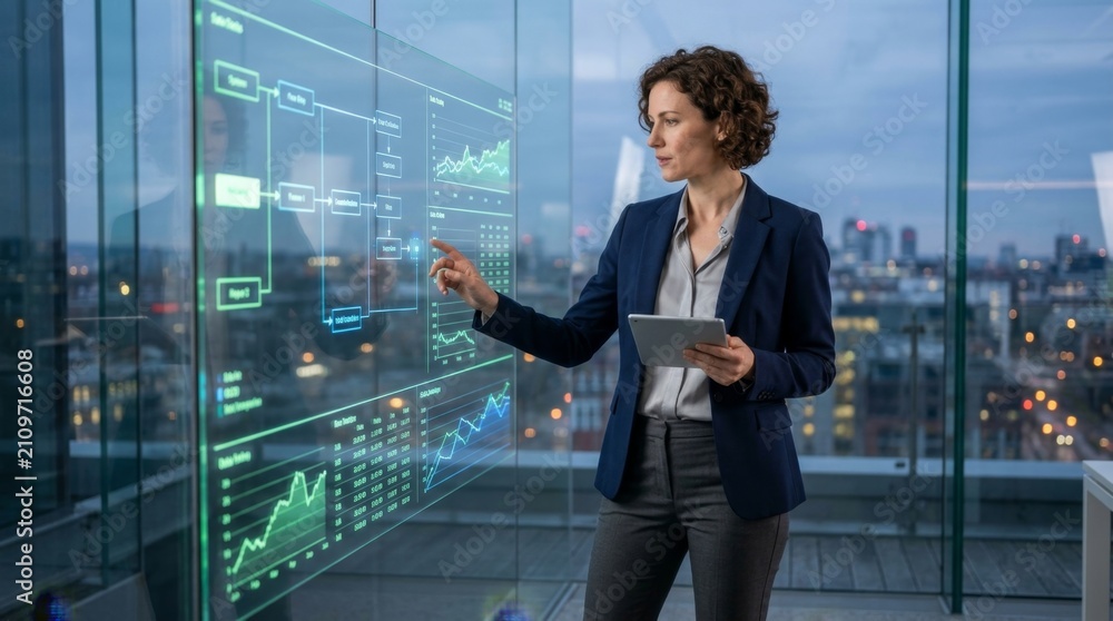 Fototapeta premium Businesswoman Analyzing Data on Interactive Display in Modern Office