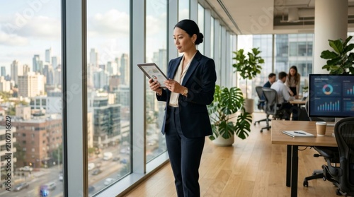 Businesswoman in Office Holding Tablet with City View Behind Her