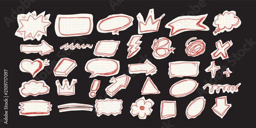 Hand drawn doodle sticker collection with paper cut note labels speech bubbles arrows and sketch annotation elements
