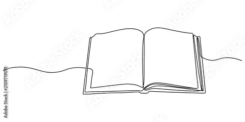 Open book and pen writing, continuous one line drawing, stationery concept, One continuous line drawing of Opened book. Education in school and library studying in simple linear style.Writing draft