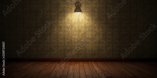 Konstfotografi Vintage Room with Wooden Floor and Ceiling Light Illuminating Wallpaper