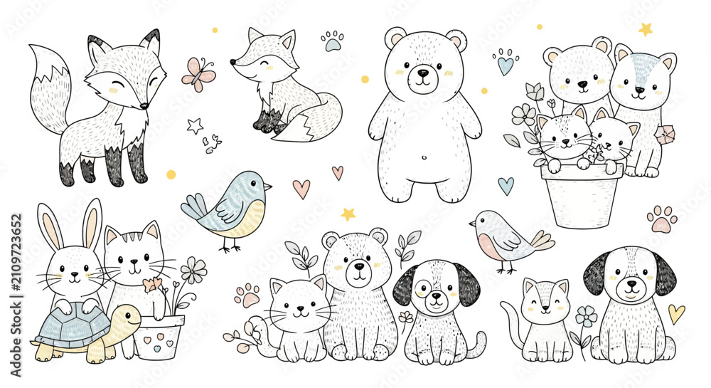 Fototapeta premium A collection of cute hand drawn forest animals and birds