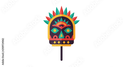 Fotografie Colorful tribal ceremonial mask on a stick with feathered crown
