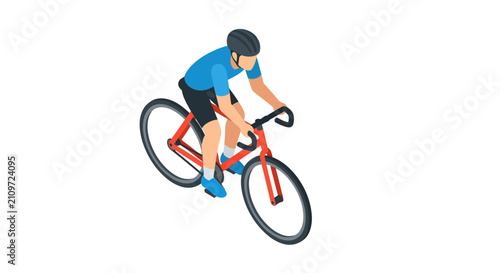 Professional cyclist riding red road bicycle in isometric view
