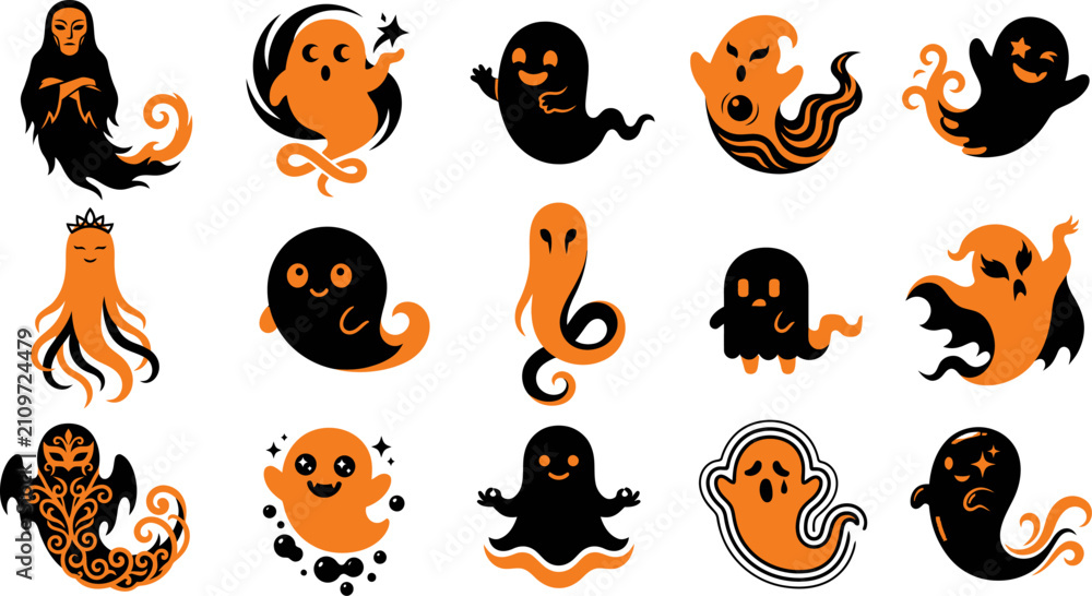 Fototapeta premium Set of cute cartoon ghosts and spooky spirits for halloween decorations stickers and festive holiday design elements
