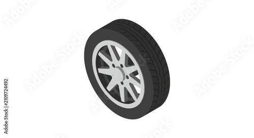 Isometric car wheel with black rubber tire and silver rim