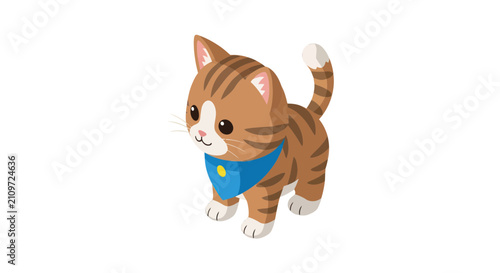 Cute isometric tabby kitten wearing blue bandana