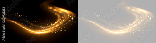 Curved golden light trail with sparkling dust. Abstract flowing wave effect on black and transparent background